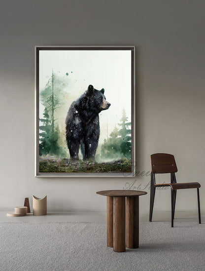 May include: Watercolor painting of a black bear standing in a forest setting. The bear is facing to the right and looking off into the distance. The background is a soft green and blue watercolor wash.