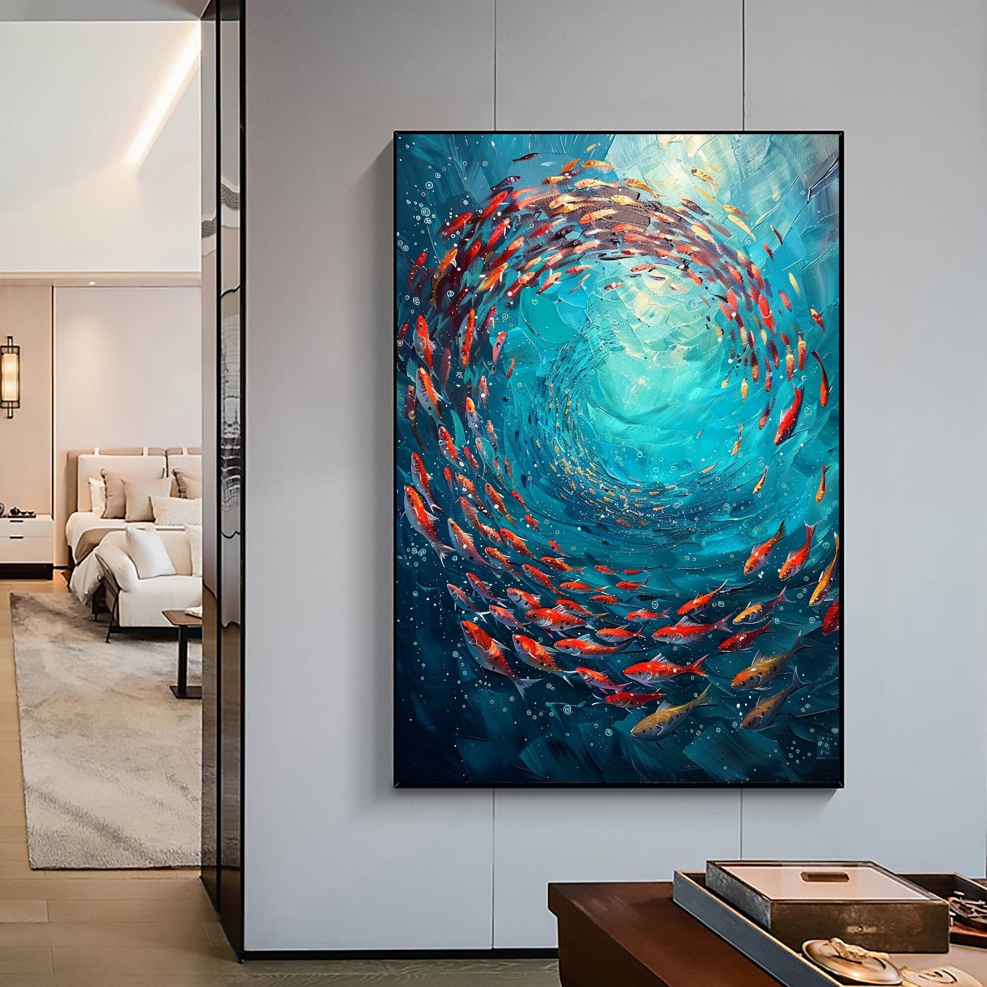 Original School of Fish – Turquoise and Green Underwater Ocean Wall Art | Abstract Textured Hand-Painted Oil Painting, view 2