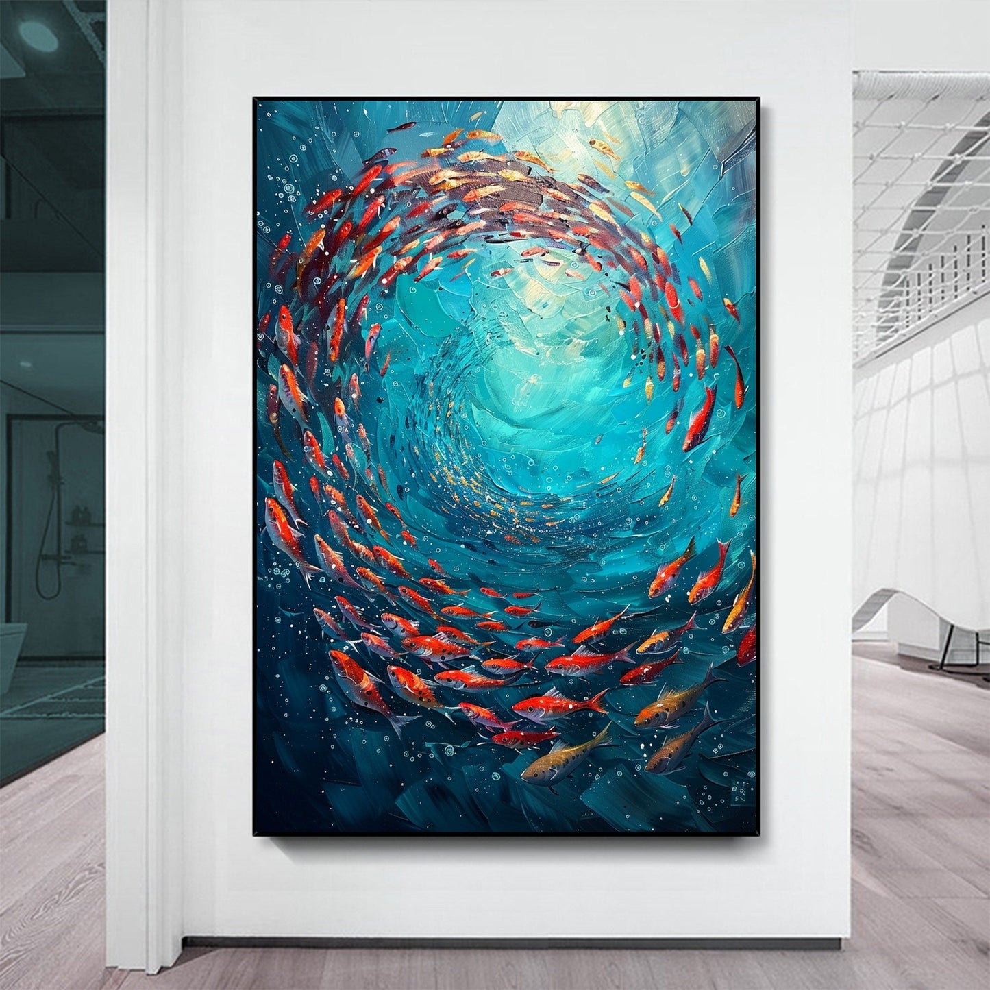 Turquoise and Green Abstract Textured Underwater Ocean Wall Art – Original School of Fish