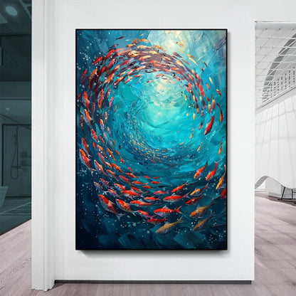 Turquoise and Green Abstract Textured Underwater Ocean Wall Art – Original School of Fish