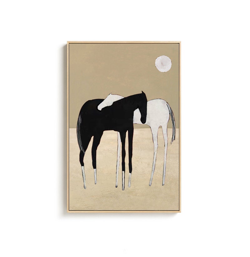 Black and White Abstract Horses Oil Painting on Canvas, Large Original Horses Canvas Wall Art, Modern Minimalist Animal Art for Living Room