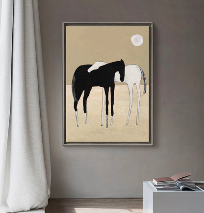 Black and White Abstract Horses Oil Painting on Canvas, Large Original Horses Canvas Wall Art, Modern Minimalist Animal Art for Living Room