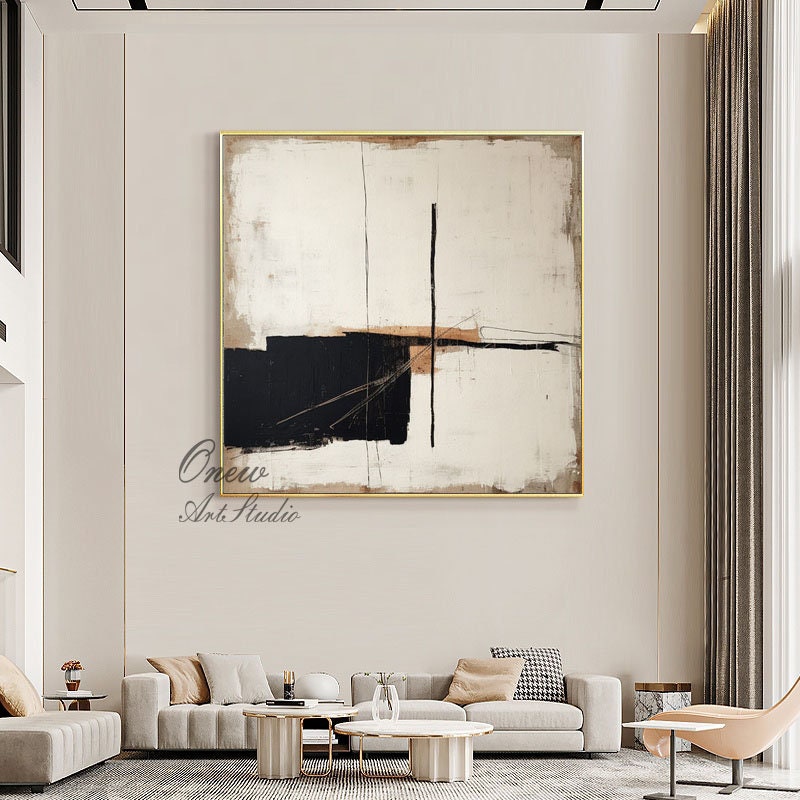 Large Abstract Acrylic Painting On Canvas, Original Beige and Black Canvas Wall Art, Modern Minimalist Wall Art for Living Room, Home Décor