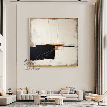 Large Abstract Acrylic Painting On Canvas, Original Beige and Black Canvas Wall Art, Modern Minimalist Wall Art for Living Room, Home Décor