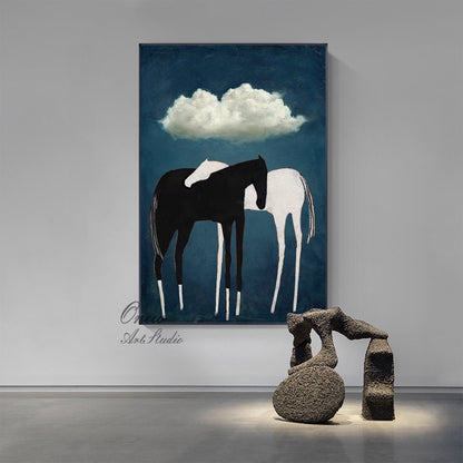 May include: Abstract painting of two horses, one black and one white, standing side by side under a white cloud against a dark blue background.