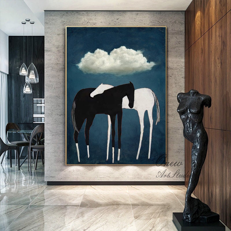 May include: Abstract painting of two horses, one black and one white, standing together under a white cloud against a dark blue background.