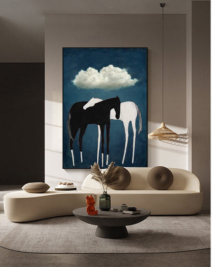 May include: Abstract painting of two horses, one black and one white, standing side by side under a white cloud against a blue background.