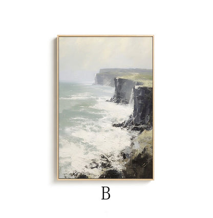 May include: A painting of a seascape with a cliff face and crashing waves. The painting is done in a muted palette of greens, blues, and grays.