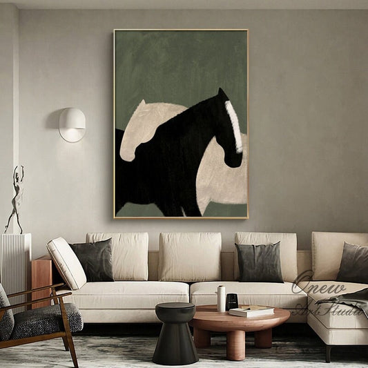 May include: Abstract painting of two horses, one black and one white, against a green background. The horses are partially overlapping, creating a sense of movement and depth.