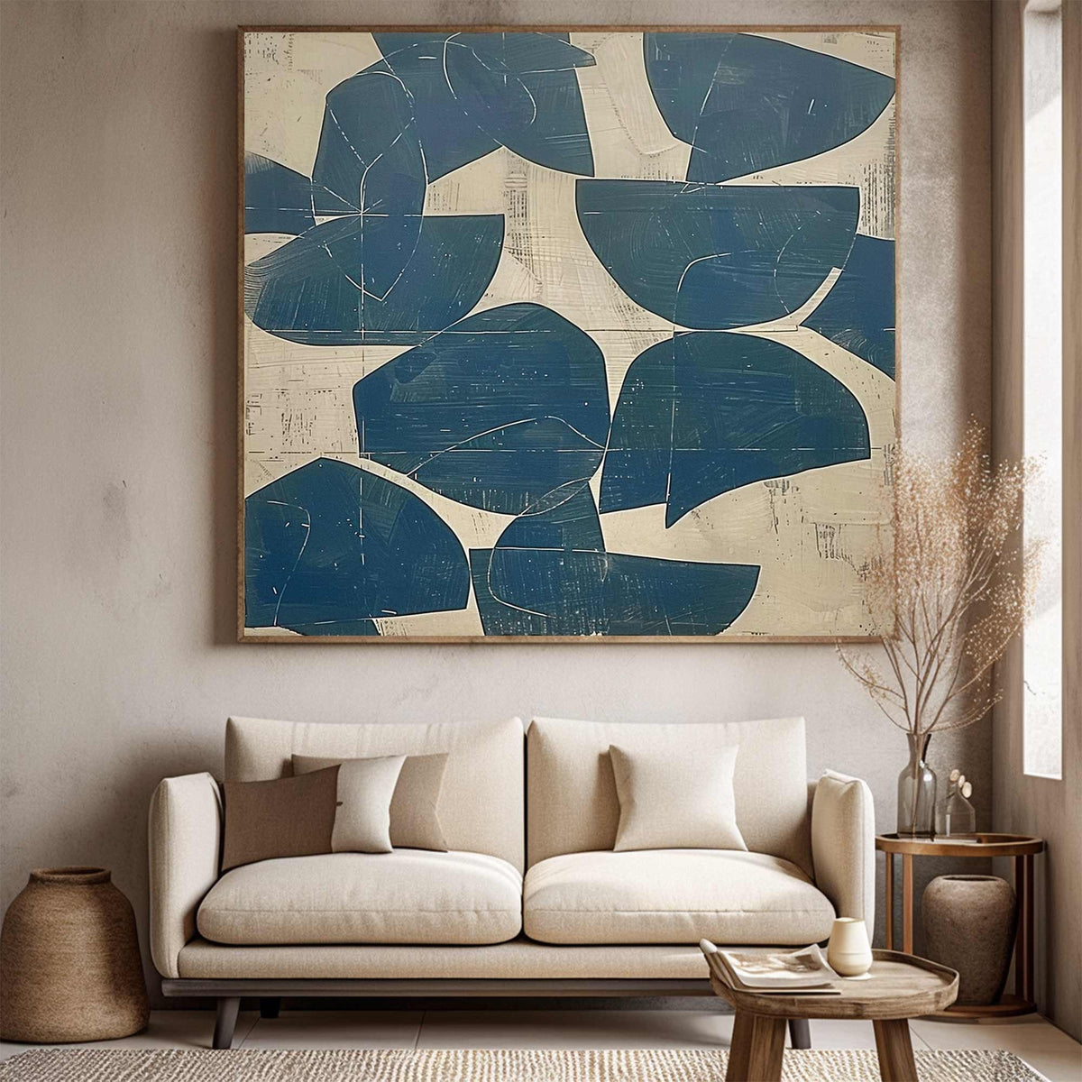 Blue Abstract Wall Art Beige Wabi Sabi Canvas Painting for Living Room Modern Decor