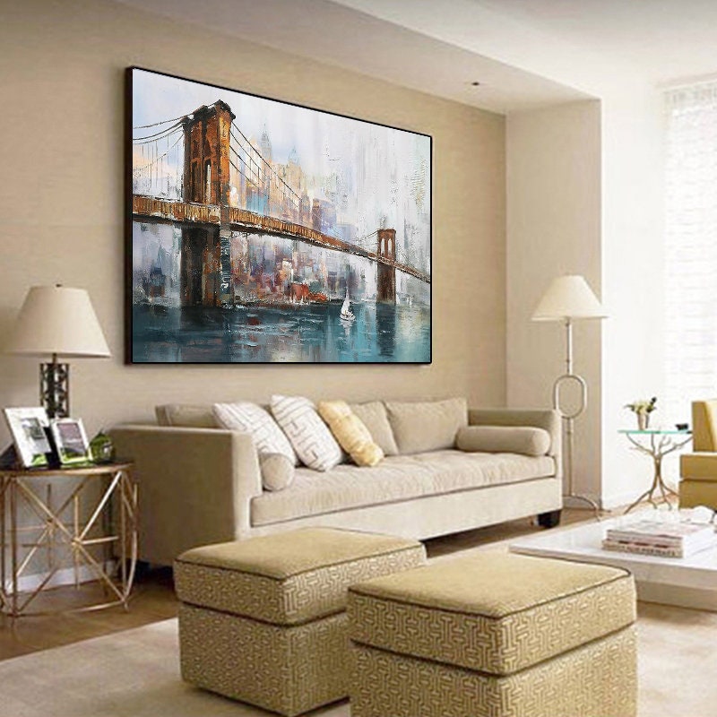 Large Original Brooklyn Bridge Canvas Wall Art, Abstract New York Cityscape Oil Painting on Canvas,modern Manhattan Painting for Living Room