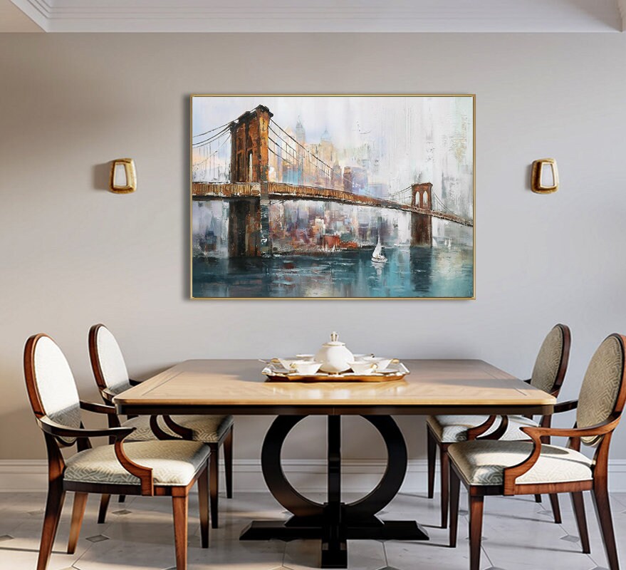 Large Original Brooklyn Bridge Canvas Wall Art, Abstract New York Cityscape Oil Painting on Canvas,modern Manhattan Painting for Living Room