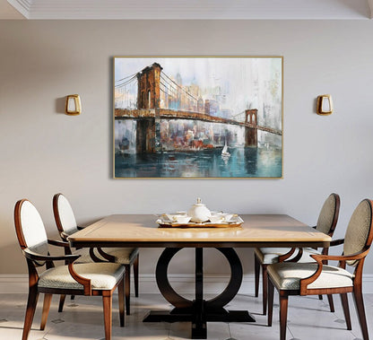 Large Original Brooklyn Bridge Canvas Wall Art, Abstract New York Cityscape Oil Painting on Canvas,modern Manhattan Painting for Living Room
