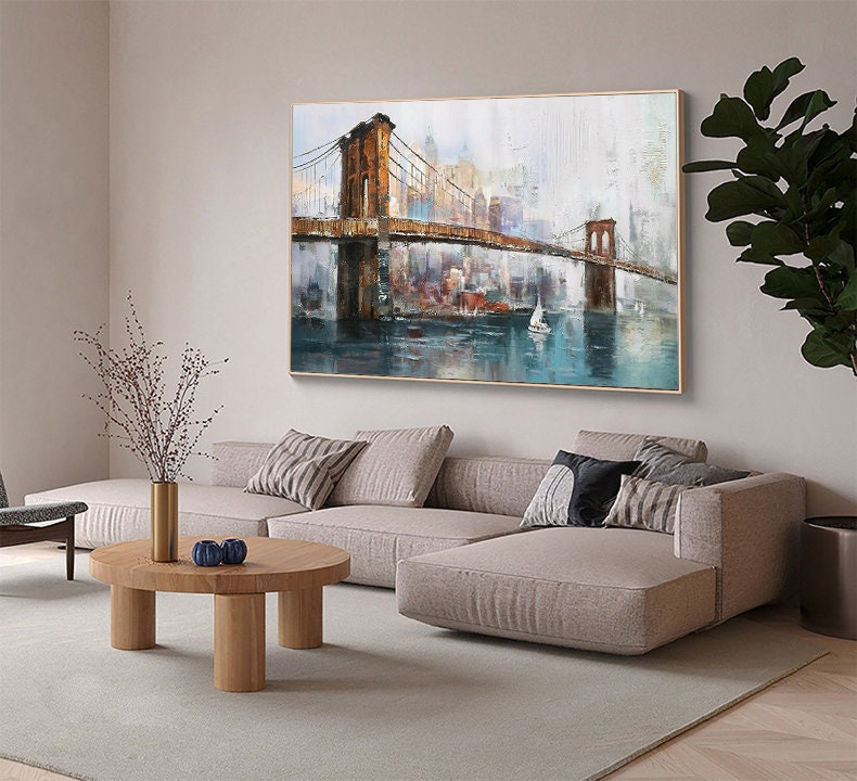 Large Original Brooklyn Bridge Canvas Wall Art, Abstract New York Cityscape Oil Painting on Canvas,modern Manhattan Painting for Living Room