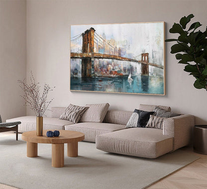Large Original Brooklyn Bridge Canvas Wall Art, Abstract New York Cityscape Oil Painting on Canvas,modern Manhattan Painting for Living Room
