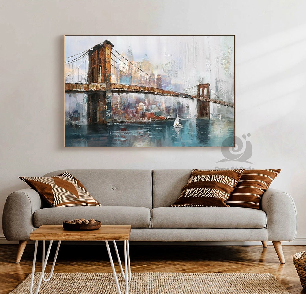 Large Original Brooklyn Bridge Canvas Wall Art, Abstract New York Cityscape Oil Painting on Canvas,modern Manhattan Painting for Living Room