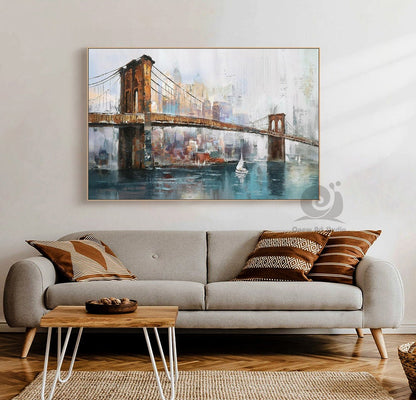 Large Original Brooklyn Bridge Canvas Wall Art, Abstract New York Cityscape Oil Painting on Canvas,modern Manhattan Painting for Living Room