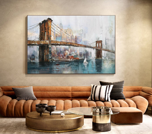 Large Original Brooklyn Bridge Canvas Wall Art, Abstract New York Cityscape Oil Painting on Canvas,modern Manhattan Painting for Living Room