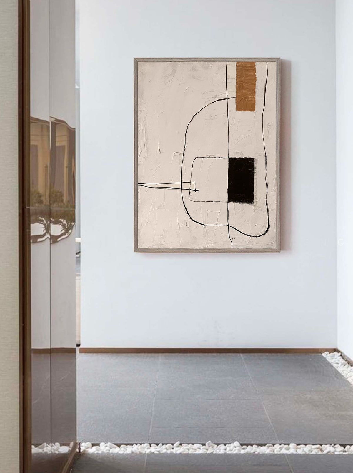 May include: Abstract art painting with black, brown, and white lines and shapes on a cream background. The painting is framed in a light wood frame.