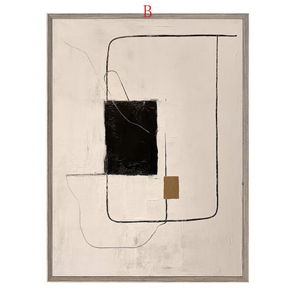 May include: Abstract art print with black and brown shapes on a white background. The print is framed in a light gray frame.