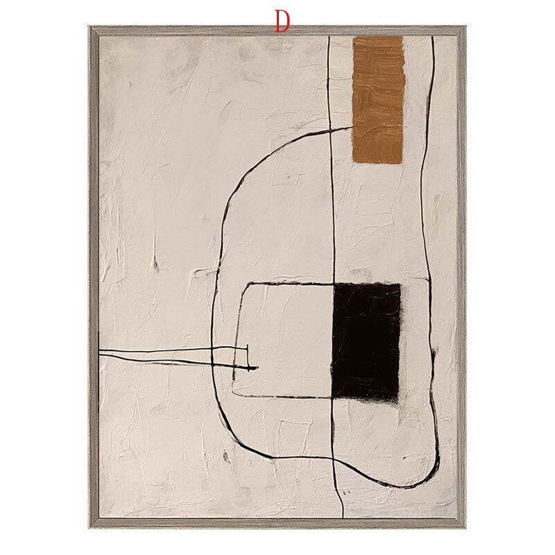May include: Abstract art print with black lines and shapes on a white background. A brown rectangle is in the upper right corner of the print.