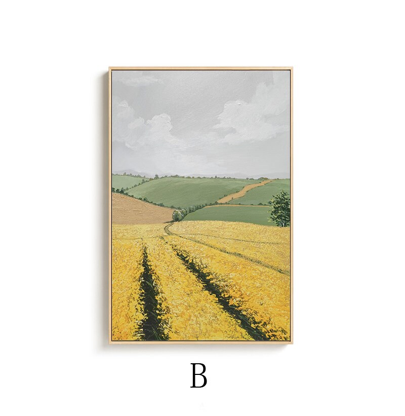 May include: A painting of a landscape with rolling green hills and a field of yellow flowers. The sky is a light blue with white clouds.