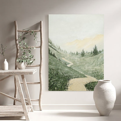 May include: A watercolor painting of a winding path through a green grassy valley with a misty background. The path leads to a distant mountain range with a yellow glow.
