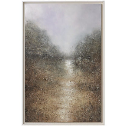 May include: A painting of a misty landscape with a path leading into the distance. The path is lined with trees and the sky is a soft purple color.