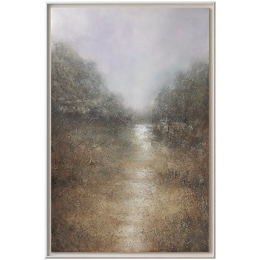 May include: A painting of a misty landscape with a path leading into the distance. The path is lined with trees and the sky is a soft purple color.