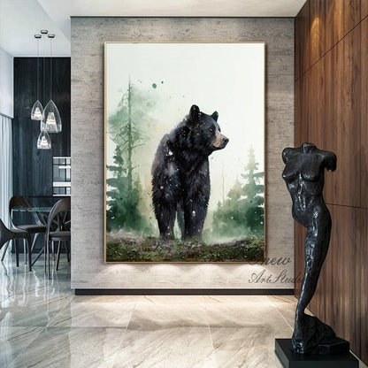 May include: A watercolor painting of a black bear standing in a green forest. The bear is facing to the right and the background is a soft green and white watercolor wash.