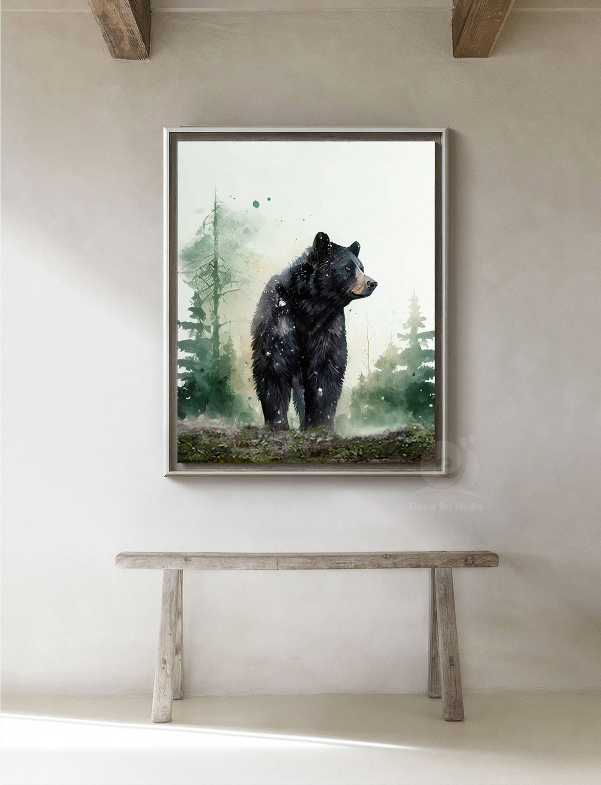 May include: A watercolor painting of a black bear standing in a forest setting. The bear is facing to the right and has a green background with trees and foliage.