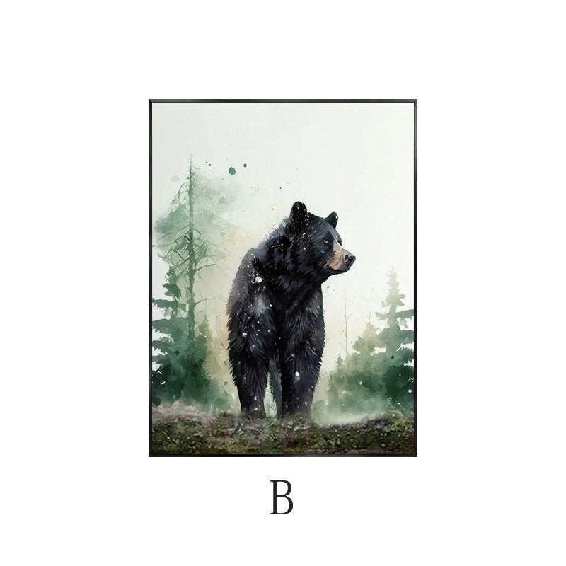 May include: A watercolor painting of a black bear standing in a misty forest. The bear is facing to the right and has a green background.