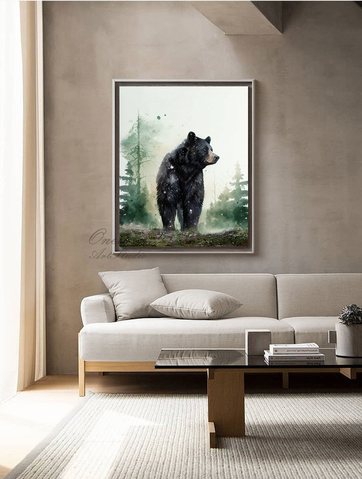 May include: A watercolor painting of a black bear standing in a forest. The bear is facing to the right and looking over its shoulder. The background is a soft green and blue watercolor wash.