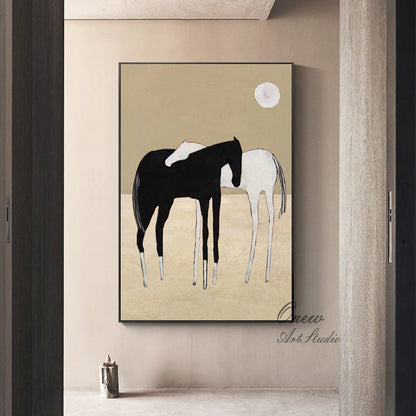 Black and White Abstract Horses Oil Painting on Canvas, Large Original Horses Canvas Wall Art, Modern Minimalist Animal Art for Living Room