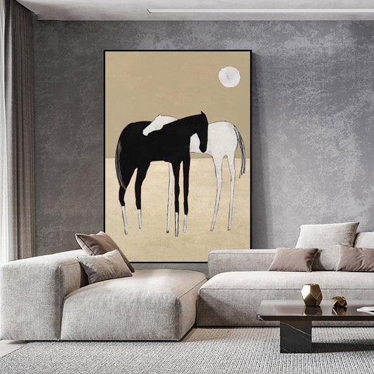 Black and White Abstract Horses Oil Painting on Canvas, Large Original Horses Canvas Wall Art, Modern Minimalist Animal Art for Living Room