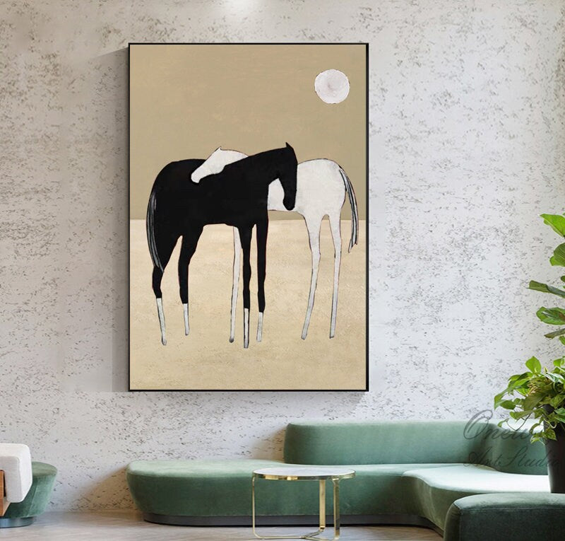 Black and White Abstract Horses Oil Painting on Canvas, Large Original Horses Canvas Wall Art, Modern Minimalist Animal Art for Living Room