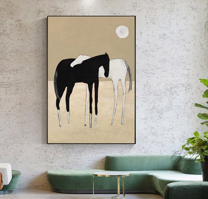 Black and White Abstract Horses Oil Painting on Canvas, Large Original Horses Canvas Wall Art, Modern Minimalist Animal Art for Living Room
