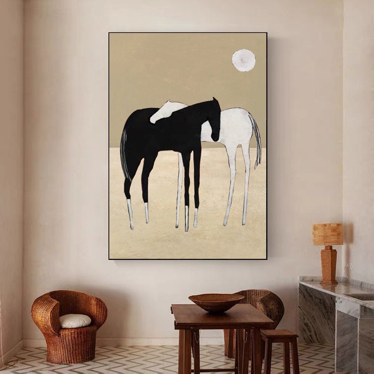Black and White Abstract Horses Oil Painting on Canvas, Large Original Horses Canvas Wall Art, Modern Minimalist Animal Art for Living Room