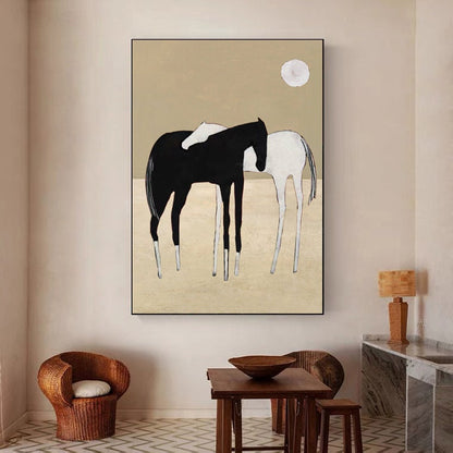 Black and White Abstract Horses Oil Painting on Canvas, Large Original Horses Canvas Wall Art, Modern Minimalist Animal Art for Living Room