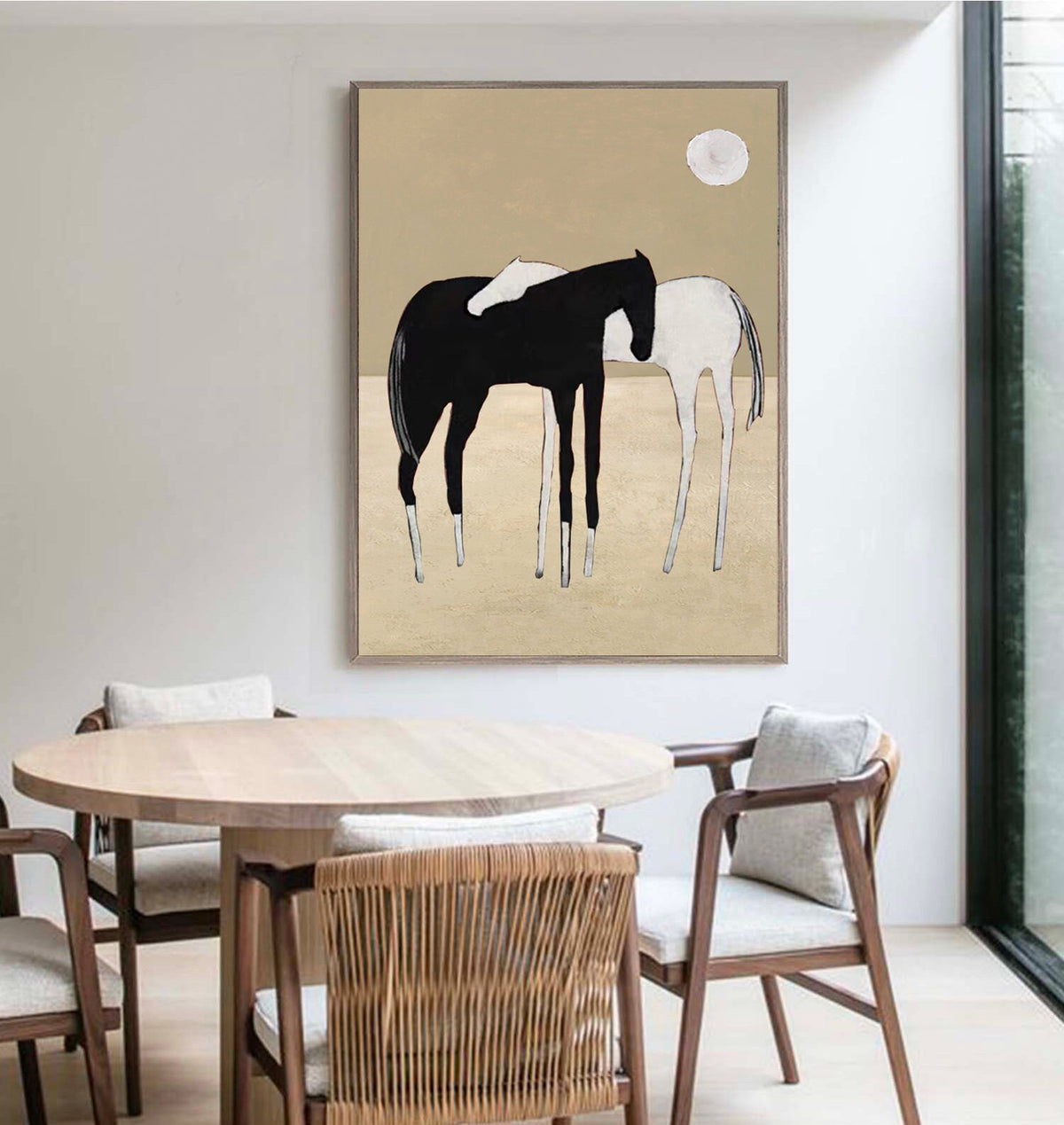 Black and White Abstract Horses Oil Painting on Canvas, Large Original Horses Canvas Wall Art, Modern Minimalist Animal Art for Living Room
