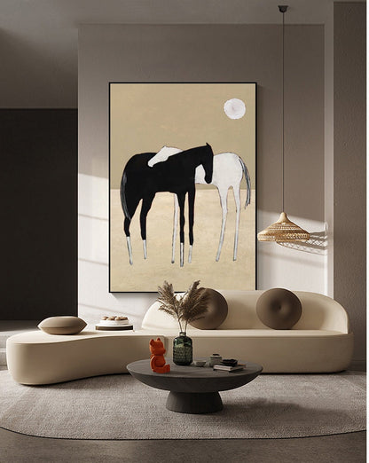 Black and White Abstract Horses Oil Painting on Canvas, Large Original Horses Canvas Wall Art, Modern Minimalist Animal Art for Living Room