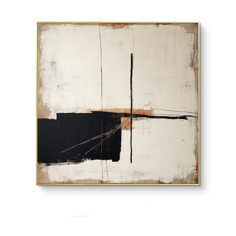Large Abstract Acrylic Painting On Canvas, Original Beige and Black Canvas Wall Art, Modern Minimalist Wall Art for Living Room, Home Décor