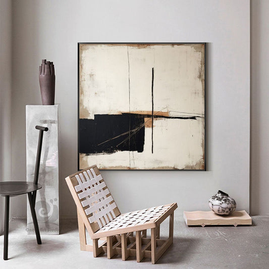 Large Abstract Acrylic Painting On Canvas, Original Beige and Black Canvas Wall Art, Modern Minimalist Wall Art for Living Room, Home Décor