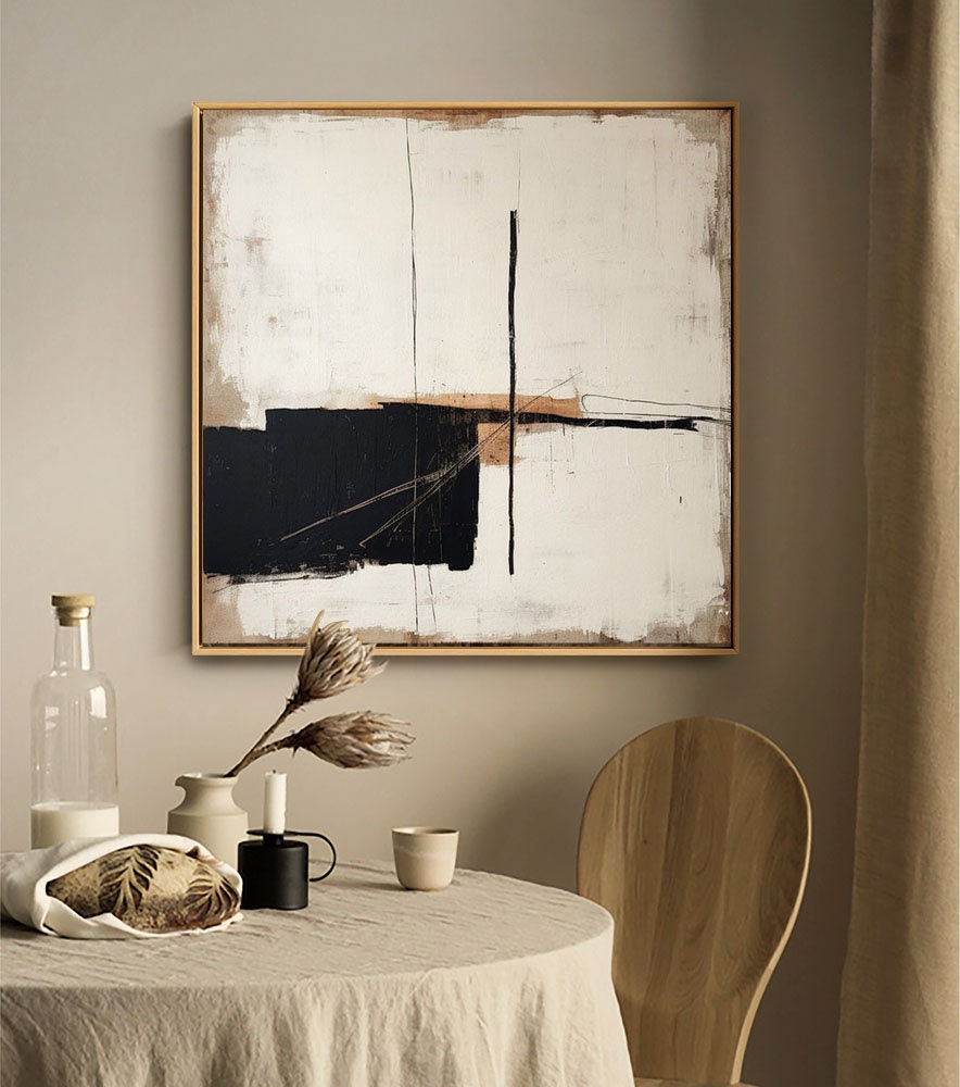 Large Abstract Acrylic Painting On Canvas, Original Beige and Black Canvas Wall Art, Modern Minimalist Wall Art for Living Room, Home Décor
