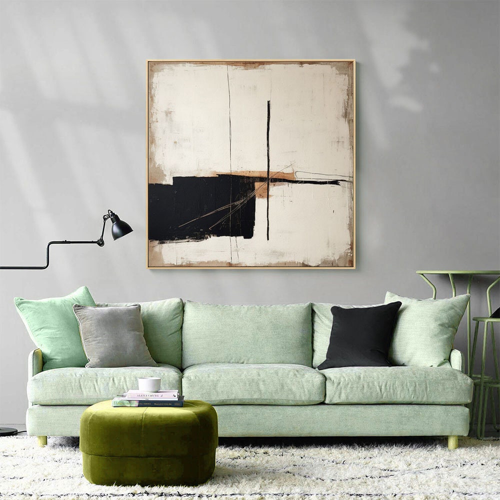 Large Abstract Acrylic Painting On Canvas, Original Beige and Black Canvas Wall Art, Modern Minimalist Wall Art for Living Room, Home Décor