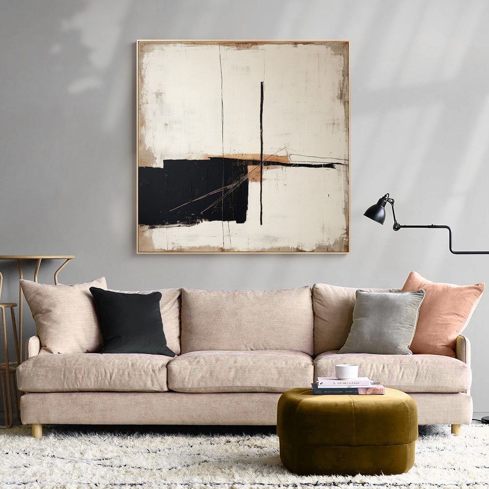 Large Abstract Acrylic Painting On Canvas, Original Beige and Black Canvas Wall Art, Modern Minimalist Wall Art for Living Room, Home Décor