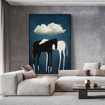 May include: Abstract painting of two horses, one black and one white, standing side by side under a white cloud against a blue background.