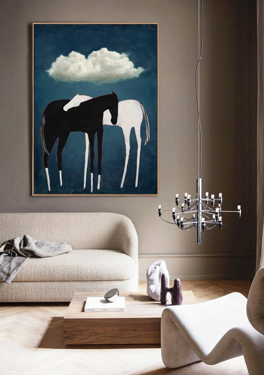 May include: A painting of two horses, one black and one white, standing side by side against a blue background with a white cloud in the sky.
