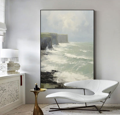 May include: A painting of a seascape with dramatic cliffs and crashing waves. The painting is done in a realistic style with a muted color palette.