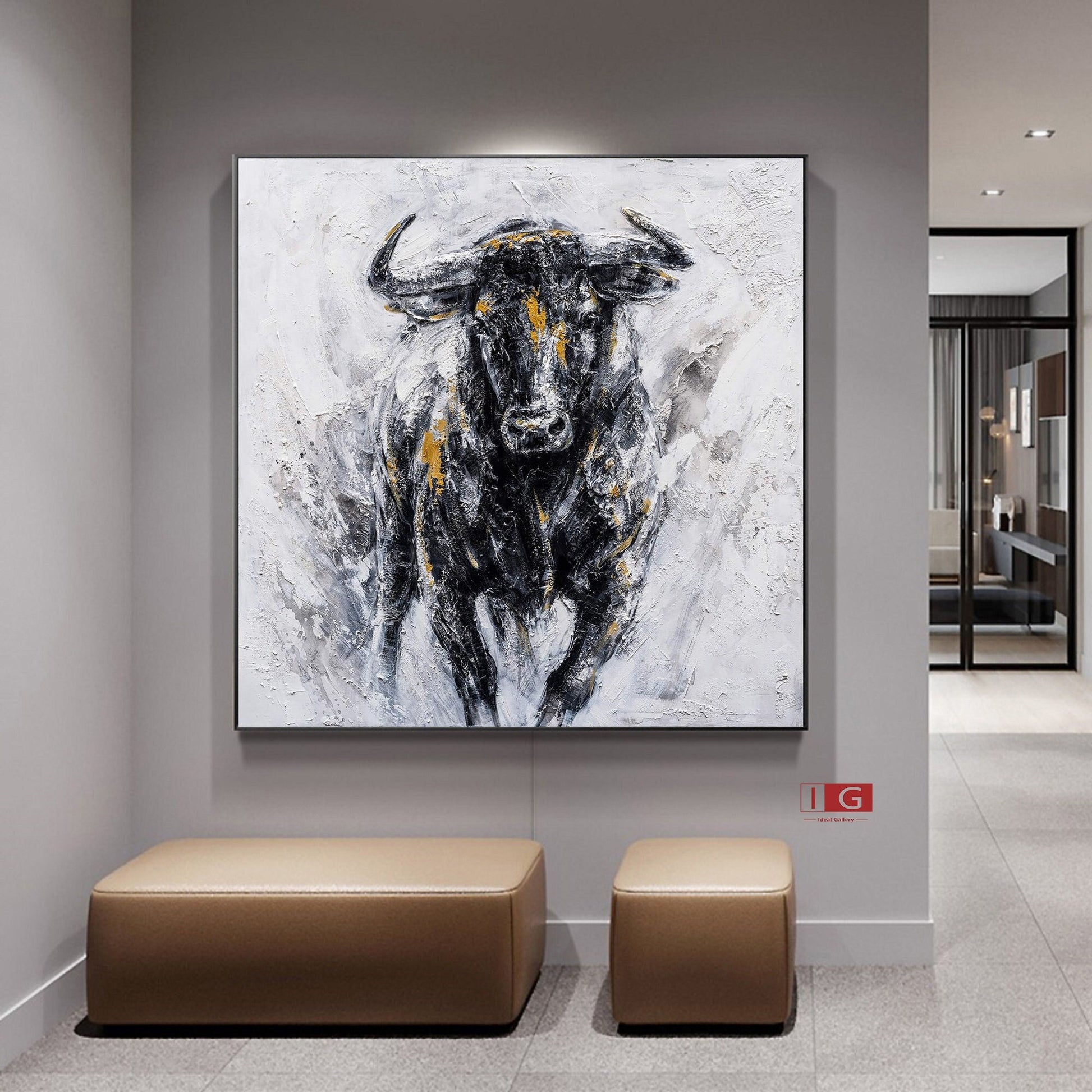 Abstract Bull Painting on Canvas – Black & Gold Textured Wall Art – Abstract Painting